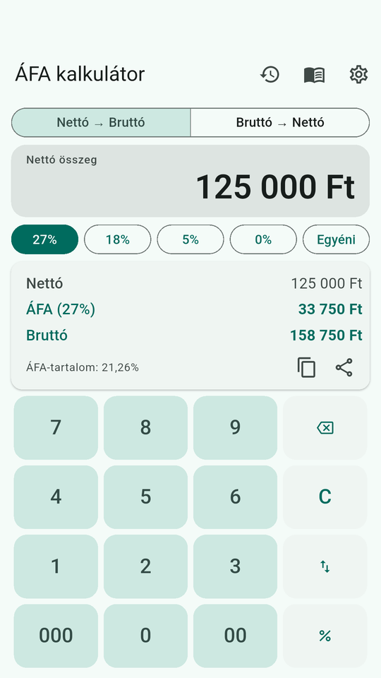 The calculator: 125 000 Ft nettó at 27 %