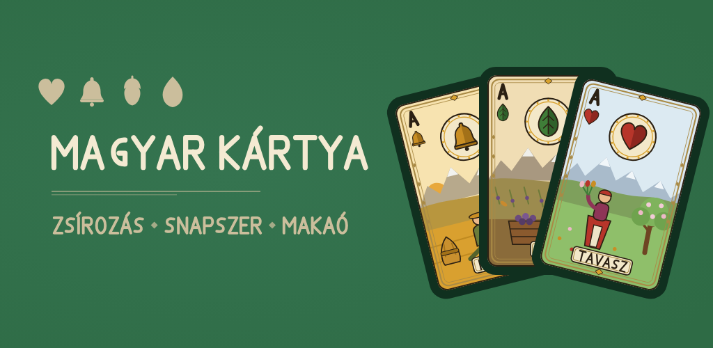 Magyar kártya feature graphic — the four suit signs and a fan of Tell-krónika aces on felt
