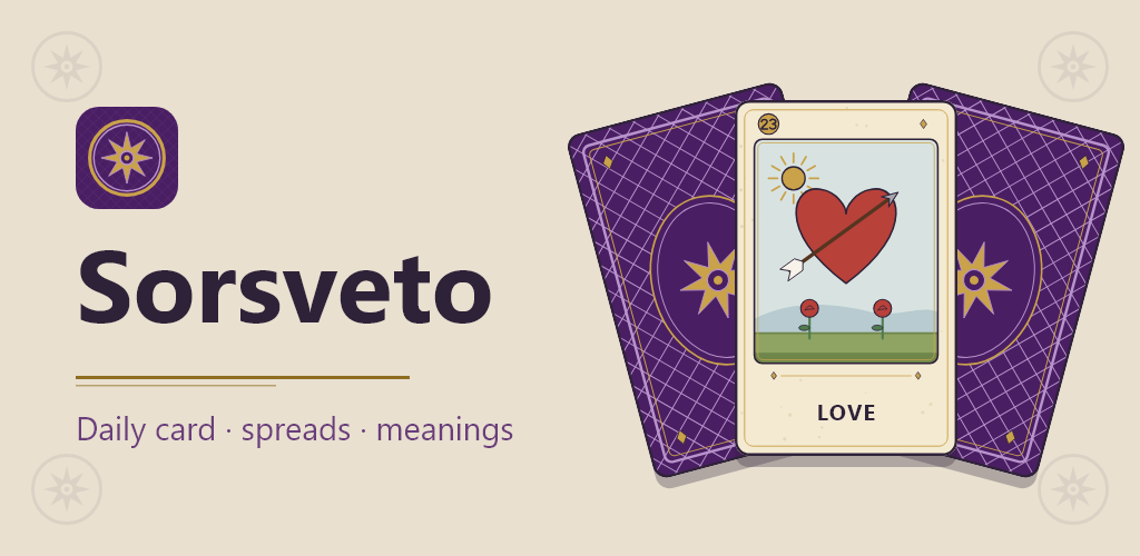 Sorsveto feature graphic — two face-down cards and one turned card, the Love card, on linen